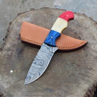 Custom Handmade Damascus Hunting knife Bone & Wood Handle with Leather Sheath/Camel Bone Knife/Hunting Knife.