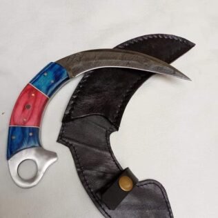 Custom handmade Damascus karambit set 2 pieces with wooden handle
