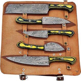 Custom Handmade Damascus Chef Knives Set/Kitchen Knives 5 Pieces Set Black and Yellow Colored Wood