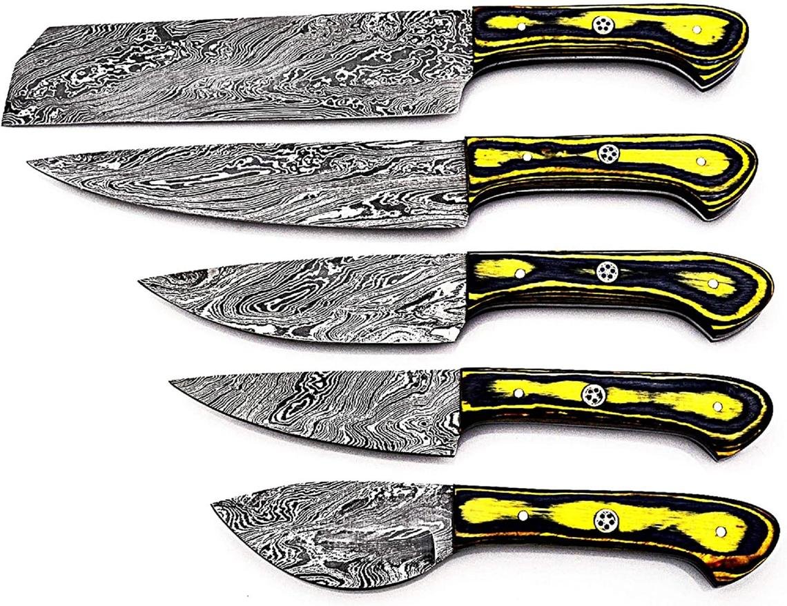 Custom Handmade Damascus Chef Knives Set/Kitchen Knives 5 Pieces Set Black and Yellow Colored Wood - Image 6