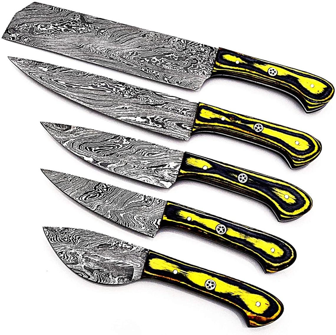 Custom Handmade Damascus Chef Knives Set/Kitchen Knives 5 Pieces Set Black and Yellow Colored Wood - Image 9