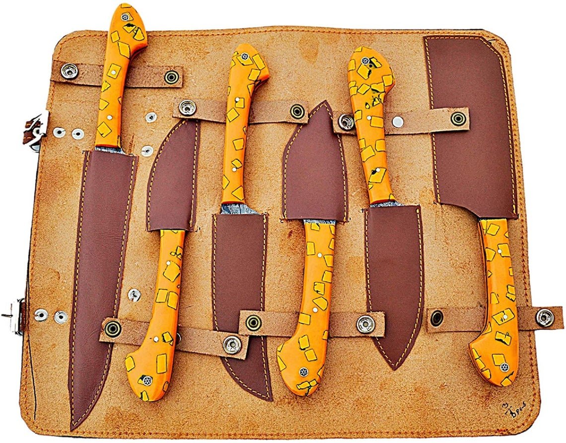 Custom Handmade Damascus Chef Knives Set/Kitchen Knives 6 Pieces Set (Yellow Resin) - Image 6
