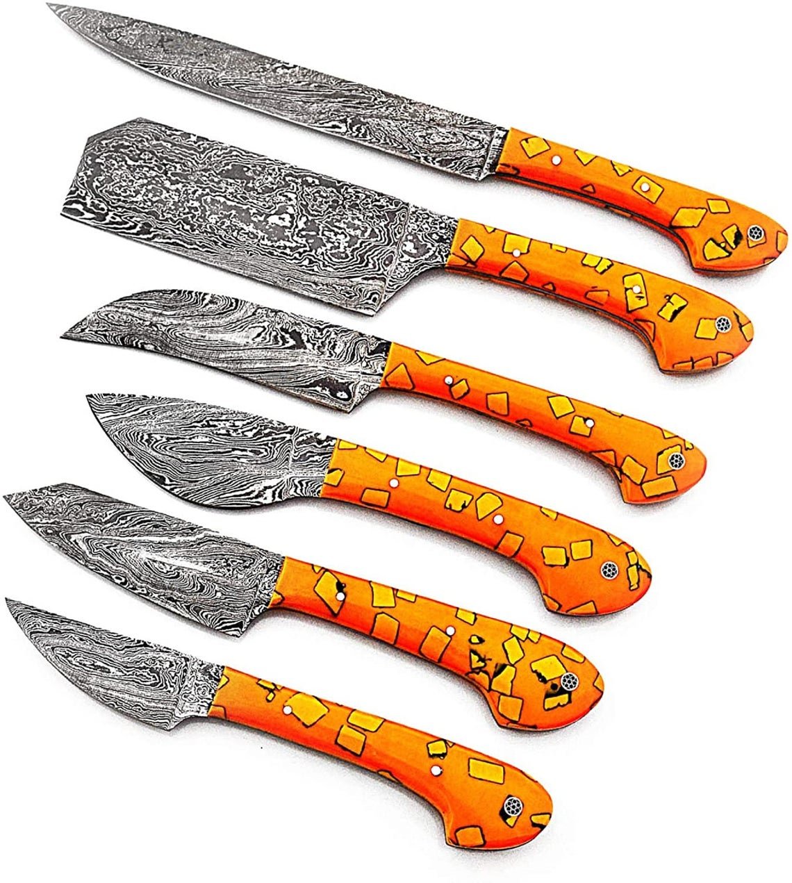 Custom Handmade Damascus Chef Knives Set/Kitchen Knives 6 Pieces Set (Yellow Resin) - Image 7