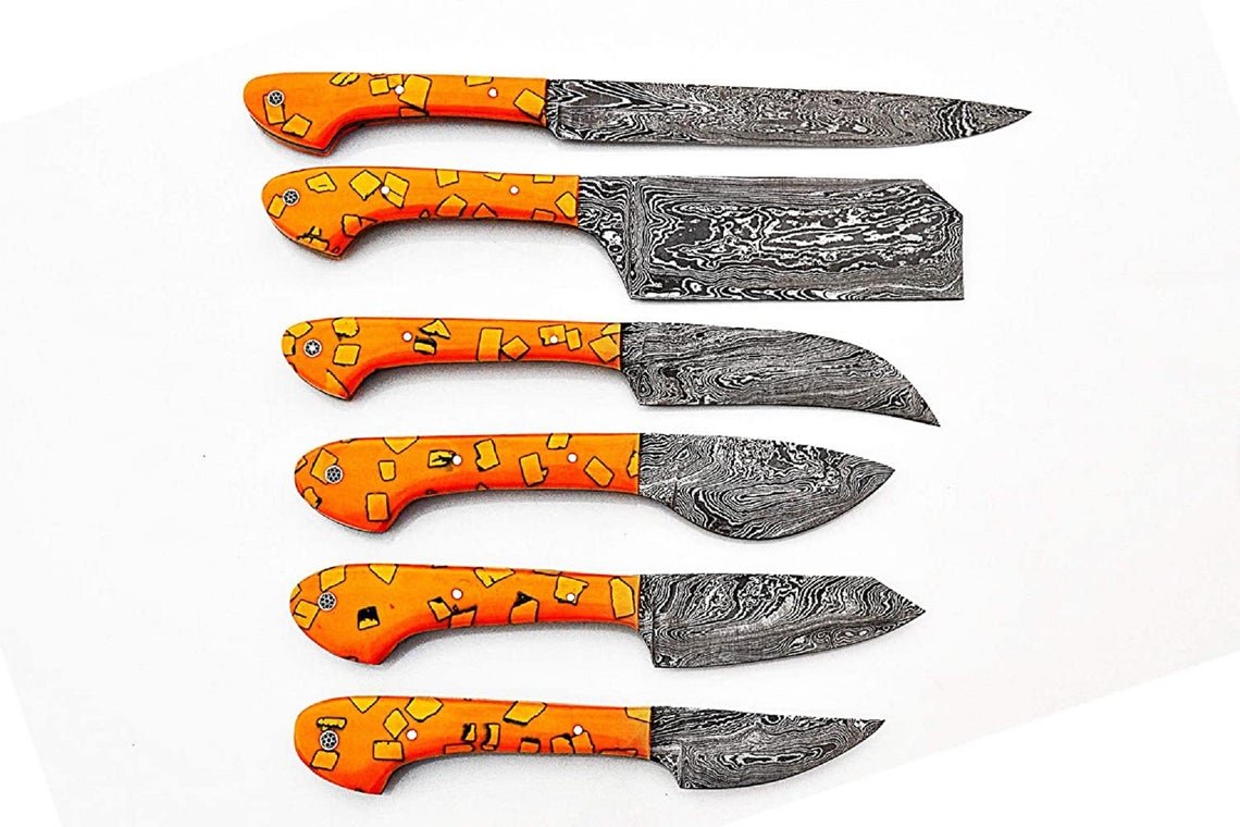 Custom Handmade Damascus Chef Knives Set/Kitchen Knives 6 Pieces Set (Yellow Resin) - Image 9