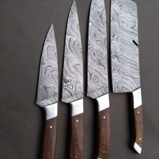 Set of 4 Custom Handmade Damascus Steel Hunting Chef Knife with Rose Wood Handle