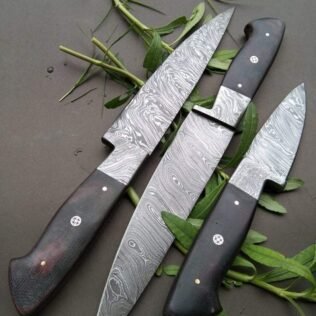 Set of 3 Custom Handmade Damascus Steel Kitchen Knifes with Micarta Handle
