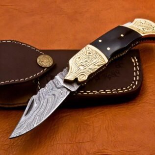 Handmade Damascus Folding Pocket knife Hunting knife 100% Handmade Damascus Steel with leather Sheath-B9 (8.25″)