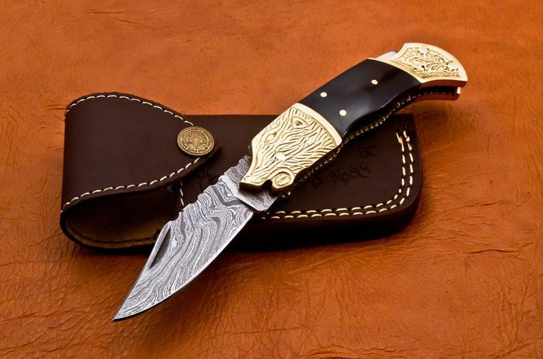 Handmade Damascus Folding Pocket knife Hunting knife 100% Handmade Damascus Steel with leather Sheath-B9 (8.25") - Image 2