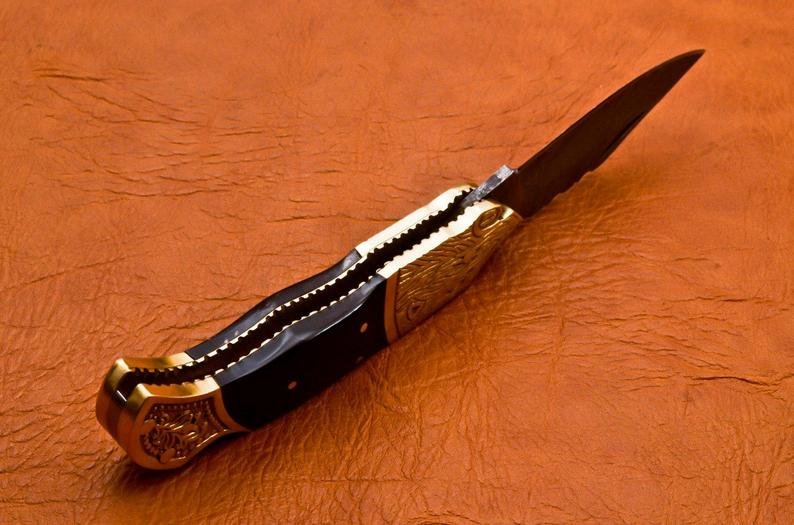 Handmade Damascus Folding Pocket knife Hunting knife 100% Handmade Damascus Steel with leather Sheath-B9 (8.25") - Image 4