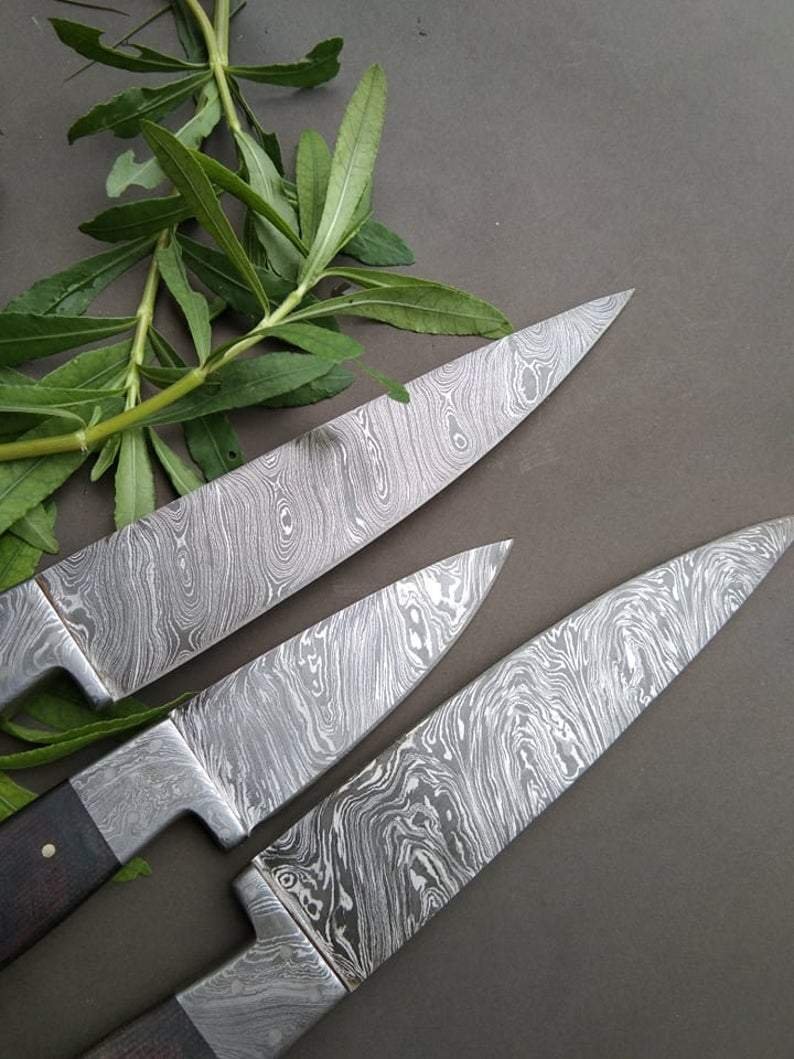 Set of 3 Custom Handmade Damascus Steel Kitchen Knifes with Micarta Handle - Image 2