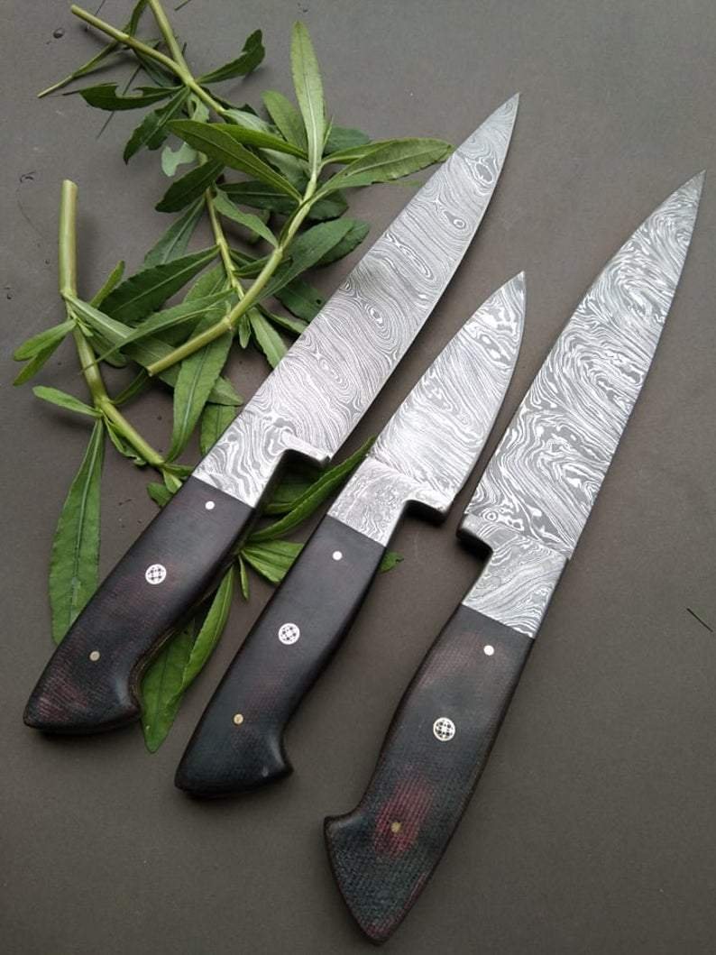 Set of 3 Custom Handmade Damascus Steel Kitchen Knifes with Micarta Handle - Image 4