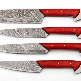 Set of 4 Custom Hand Made Damascus Steel Chef Knife with Red Colored Wood Handle