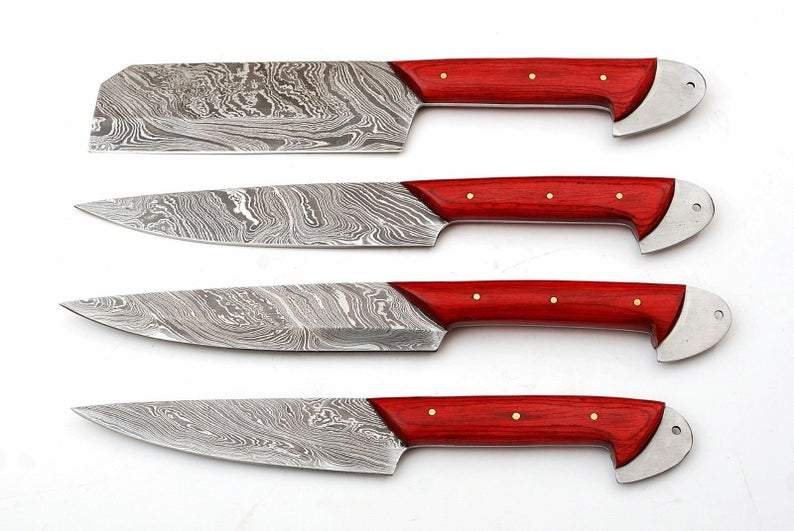 Set of 4 Custom Hand Made Damascus Steel Chef Knife with Red Colored Wood Handle