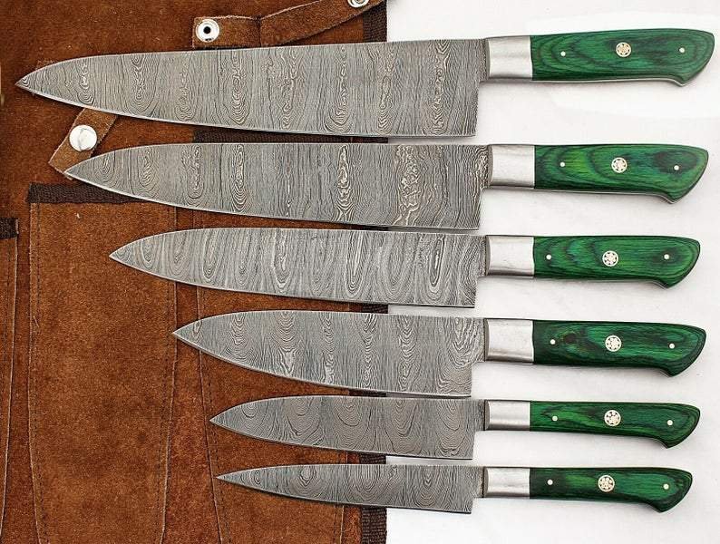 Set of 6 Custom Hand Made Damascus Steel Chef Knifes with Colored Wooden Handle - Image 4