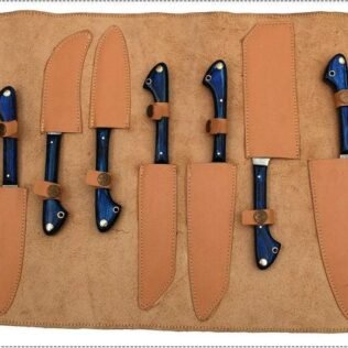 Set of 9 Custom Made Damascus Steel Chef Knifes Set with Blue Pakka Wood Handle