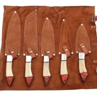 Set of 5 Custom Handmade Damascus Steel Chef Knife with Bone & Wood Handle
