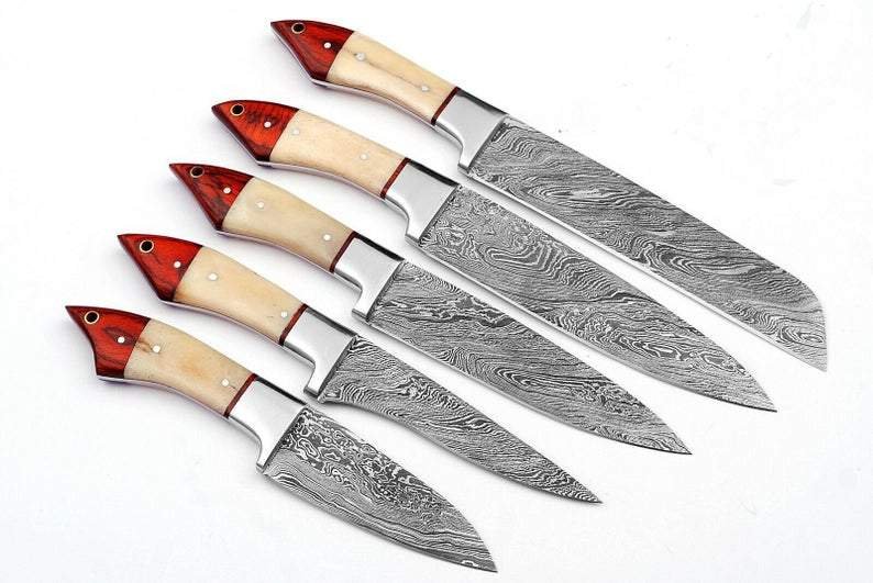 Set of 5 Custom Handmade Damascus Steel Chef Knife with Bone & Wood Handle - Image 3