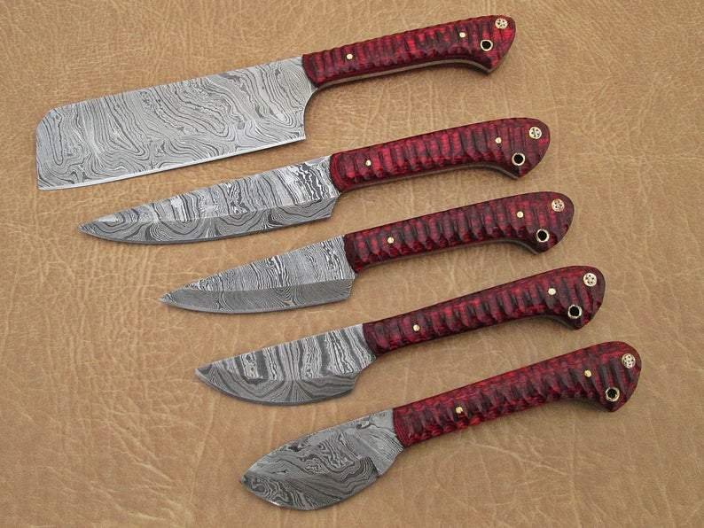 Set of 5 Custom Hand Made Damascus Steel Chef Knife with Red Colored Wood Handle - Image 3