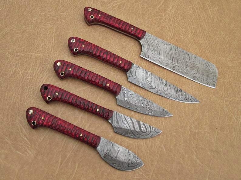 Set of 5 Custom Hand Made Damascus Steel Chef Knife with Red Colored Wood Handle - Image 4