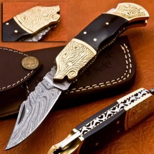 Handmade Damascus Folding Pocket knife Hunting knife 100% Handmade Damascus Steel with leather Sheath-B9 (8.25″)