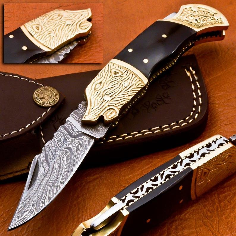 Handmade Damascus Folding Pocket knife Hunting knife 100% Handmade Damascus Steel with leather Sheath-B9 (8.25")