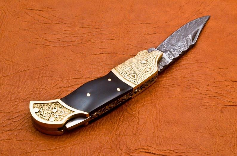 Handmade Damascus Folding Pocket knife Hunting knife 100% Handmade Damascus Steel with leather Sheath-B9 (8.25") - Image 7