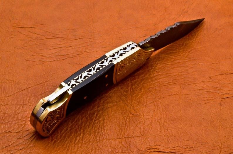 Handmade Damascus Folding Pocket knife Hunting knife 100% Handmade Damascus Steel with leather Sheath-B9 (8.25") - Image 8