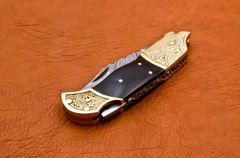 Handmade Damascus Folding Pocket knife Hunting knife 100% Handmade Damascus Steel with leather Sheath-B9 (8.25") - Image 9