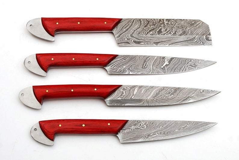 Set of 4 Custom Hand Made Damascus Steel Chef Knife with Red Colored Wood Handle - Image 6