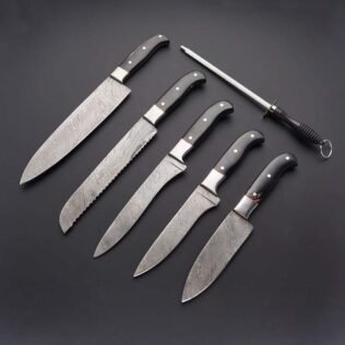 Set of 6 Custom Handmade Damascus Steel Chef Knife Set with Bull Horn Handle