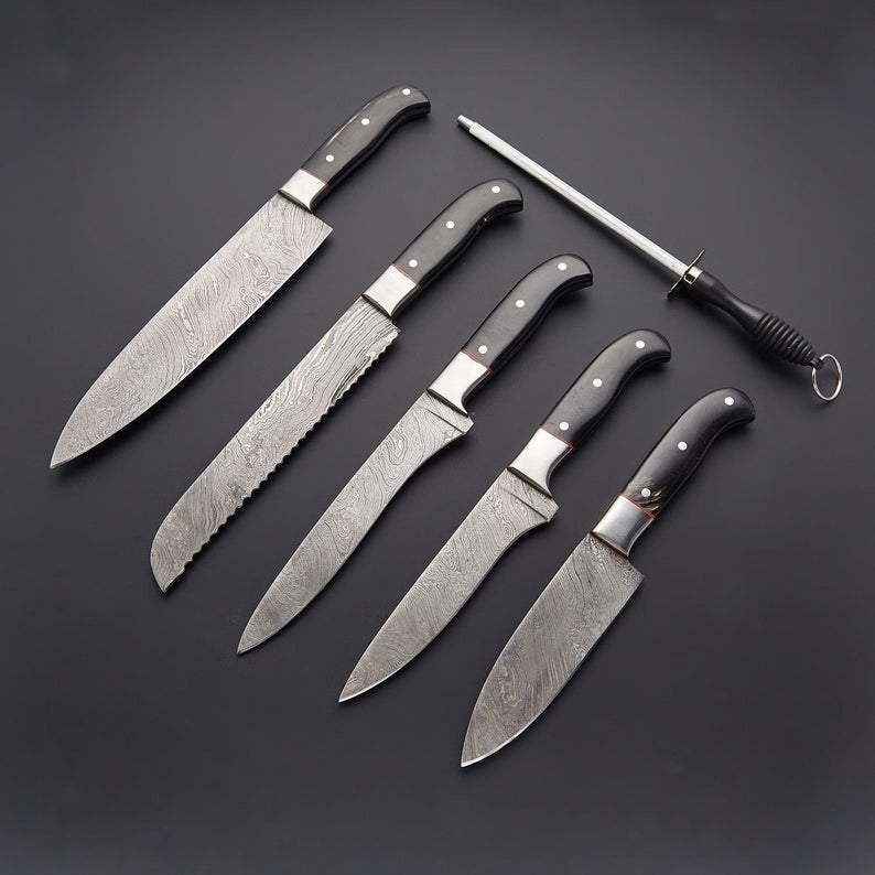 Set of 6 Custom Handmade Damascus Steel Chef Knife Set with Bull Horn Handle - Image 2