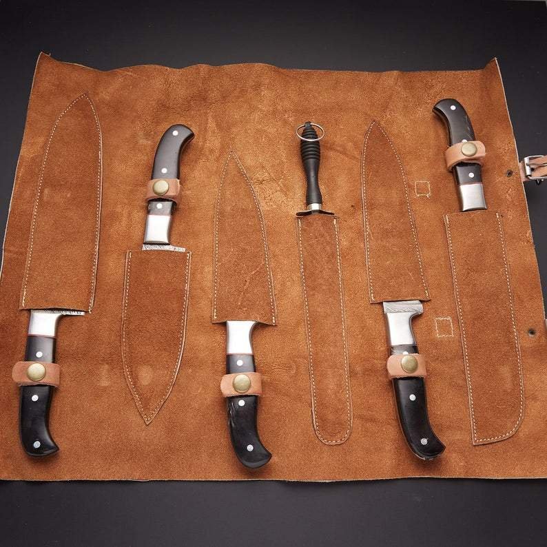 Set of 6 Custom Handmade Damascus Steel Chef Knife Set with Bull Horn Handle - Image 4