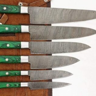 Set of 6 Custom Hand Made Damascus Steel Chef Knifes with Colored Wooden Handle