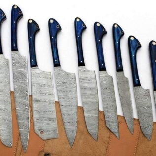 Set of 9 Custom Made Damascus Steel Chef Knifes Set with Blue Pakka Wood Handle