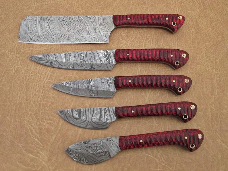 Set of 5 Custom Hand Made Damascus Steel Chef Knife with Red Colored Wood Handle - Image 5
