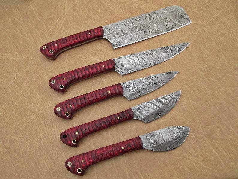Set of 5 Custom Hand Made Damascus Steel Chef Knife with Red Colored Wood Handle - Image 6