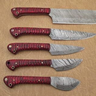 Set of 5 Custom Hand Made Damascus Steel Chef Knife with Red Colored Wood Handle
