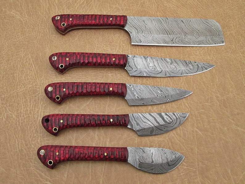 Set of 5 Custom Hand Made Damascus Steel Chef Knife with Red Colored Wood Handle