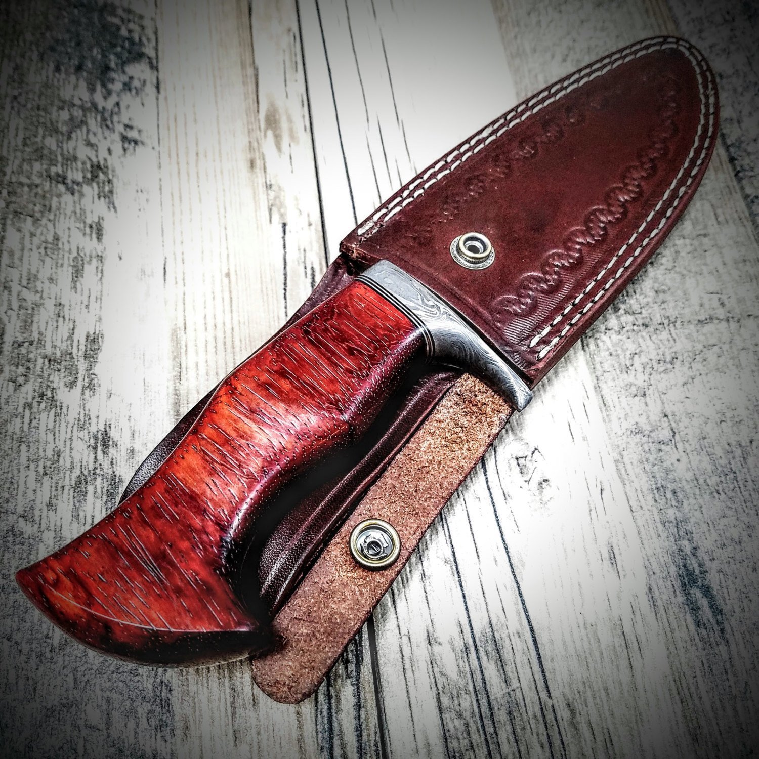 Damascus FEATHER Bowie // Custom // PADUK Wood Handle Beautiful Burls // Damascus Fittings / Feather Forged Pattern // Camp // Hunting - Image 2