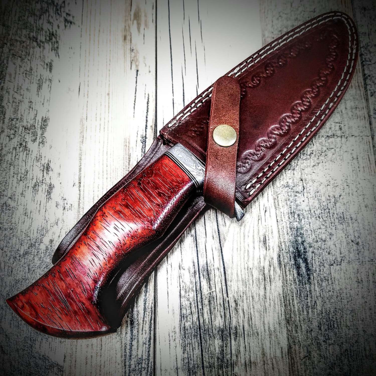 Damascus FEATHER Bowie // Custom // PADUK Wood Handle Beautiful Burls // Damascus Fittings / Feather Forged Pattern // Camp // Hunting - Image 3