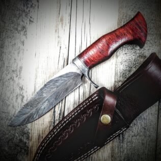 Damascus FEATHER Bowie // Custom // PADUK Wood Handle Beautiful Burls // Damascus Fittings / Feather Forged Pattern // Camp // Hunting