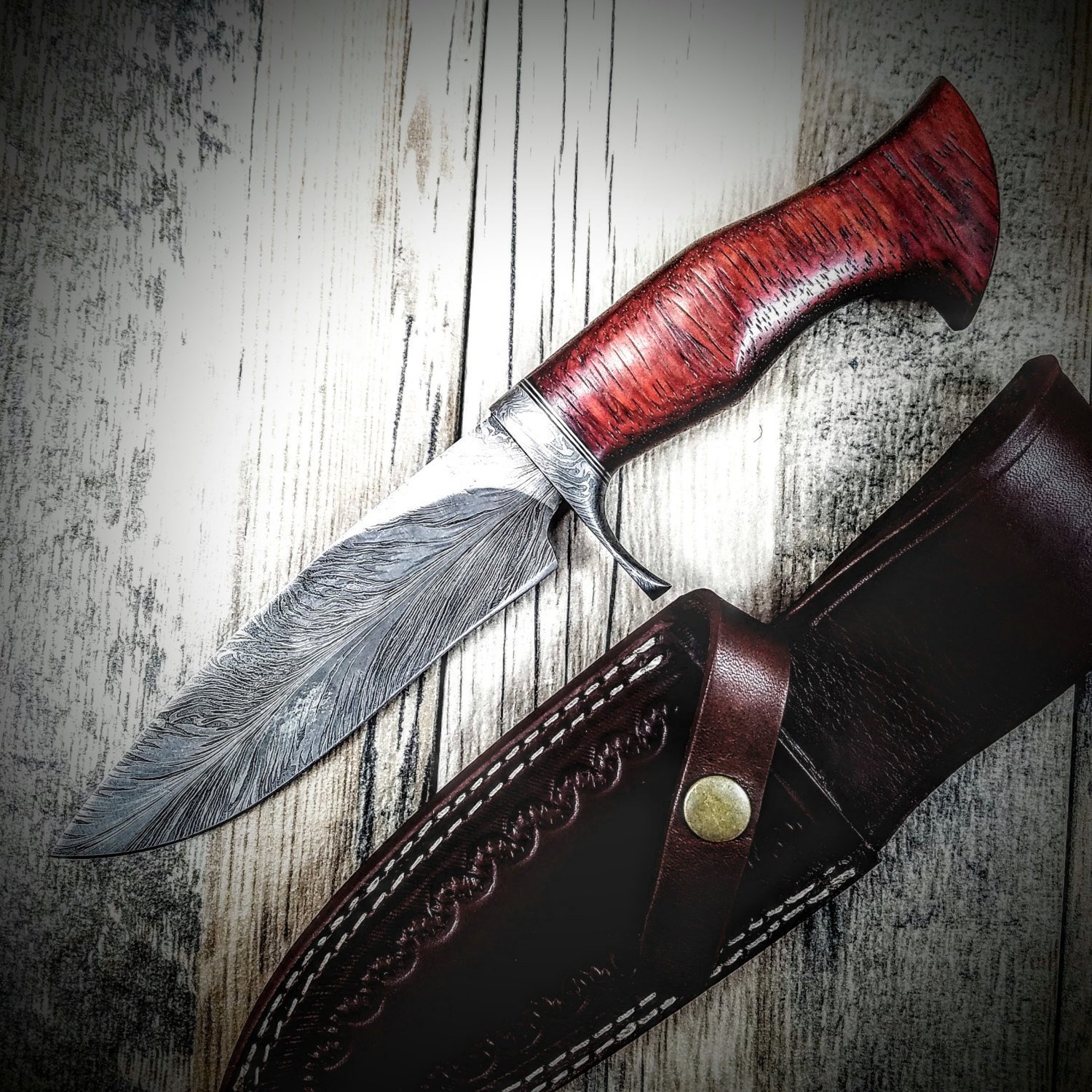 Damascus FEATHER Bowie // Custom // PADUK Wood Handle Beautiful Burls // Damascus Fittings / Feather Forged Pattern // Camp // Hunting