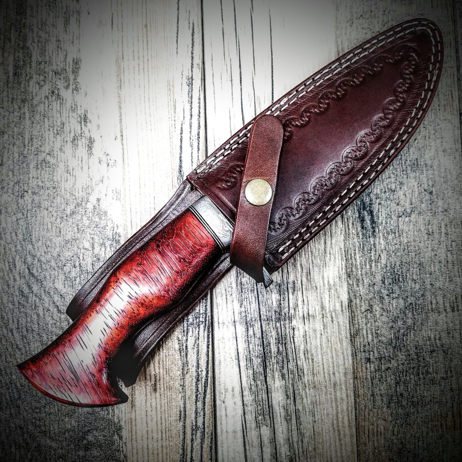 Damascus FEATHER Bowie // Custom // PADUK Wood Handle Beautiful Burls // Damascus Fittings / Feather Forged Pattern // Camp // Hunting - Image 4