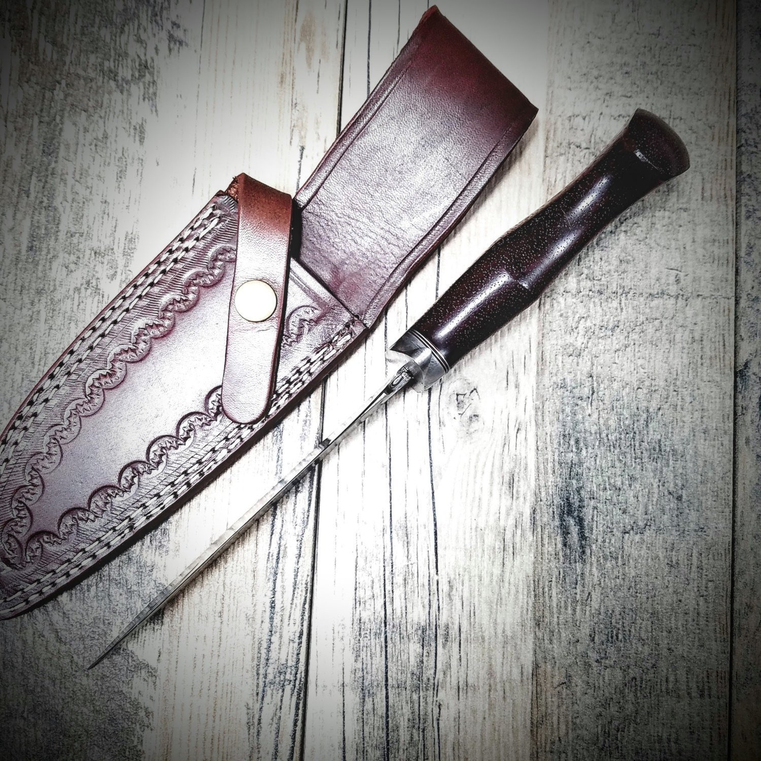 Damascus FEATHER Bowie // Custom // PADUK Wood Handle Beautiful Burls // Damascus Fittings / Feather Forged Pattern // Camp // Hunting - Image 5